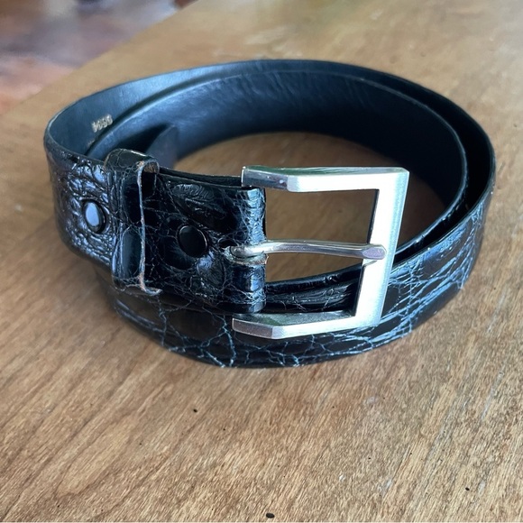 Vintage Black Alligator Leather Belt with Silver Tone Brass Buckle 32" - Picture 2 of 11